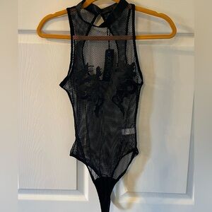 Dolls Kill Black Mesh Bodysuit with Dragon Pattern
